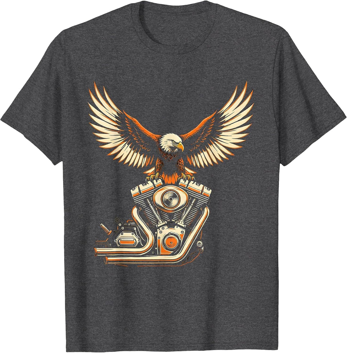 Eagle Wings Chrome Engine Motorcycle Graphic T-Shirt - Dark Heather Grey