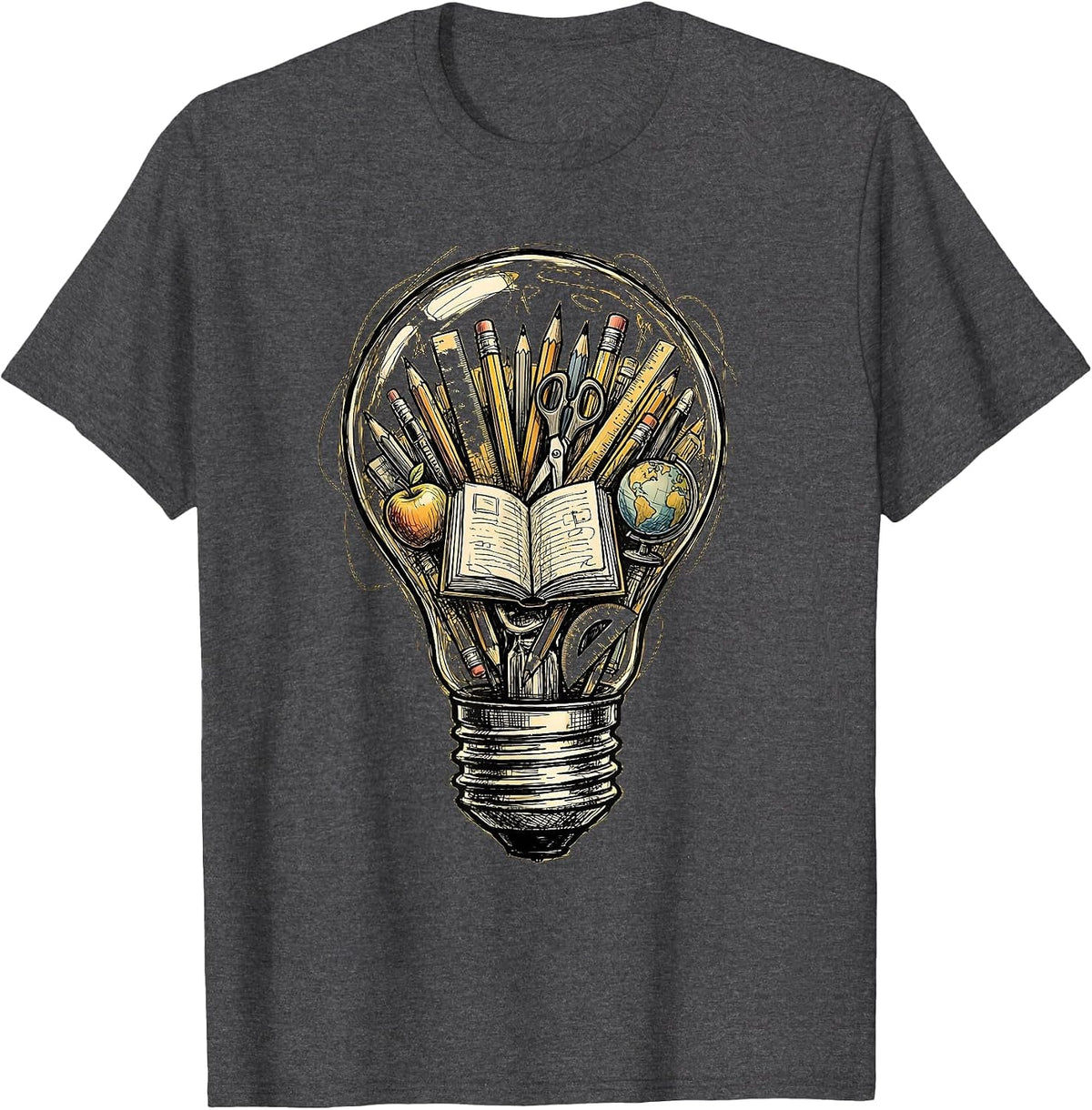 Teacher Lightbulb School Supplies Illustration T-Shirt - Dark Heather Grey