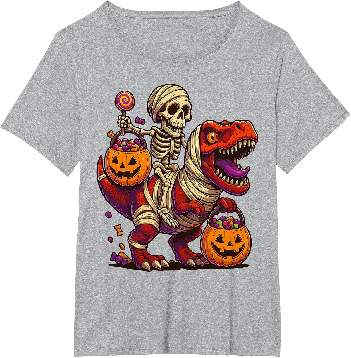 Skeleton Riding Mummy Dinosaur T rex Halloween Funny Pumpkin T-Shirt - Heather Grey
