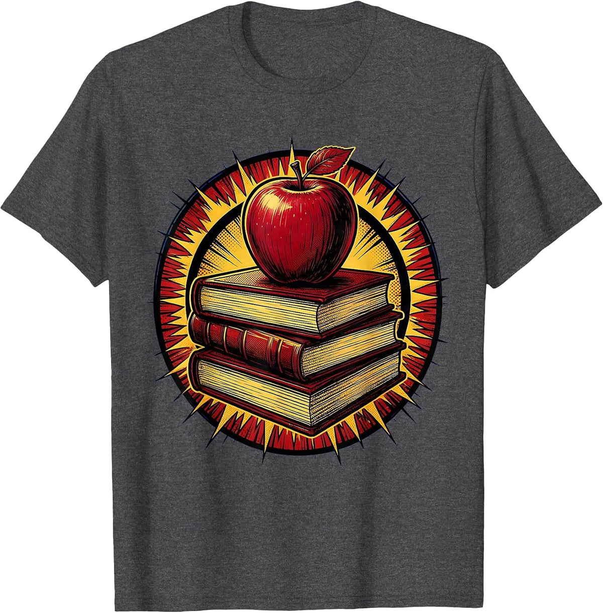 Middle School Teacher Stacked Books Apple Illustration T-Shirt - Dark Heather Grey