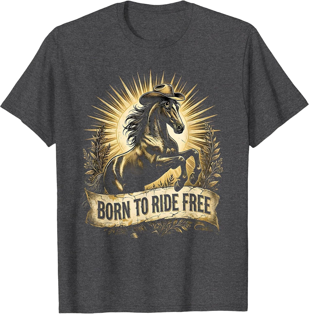 Born to Ride Free Rodeo Graphic Design T-Shirt - Dark Heather Grey