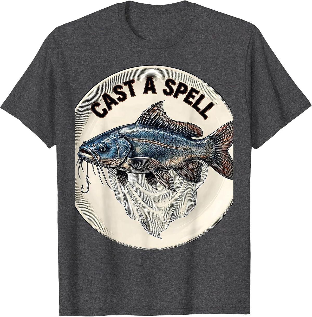 Cast A Spell Botanical Blue Catfish Ghostly Halloween T-Shirt - Dark Heather Grey