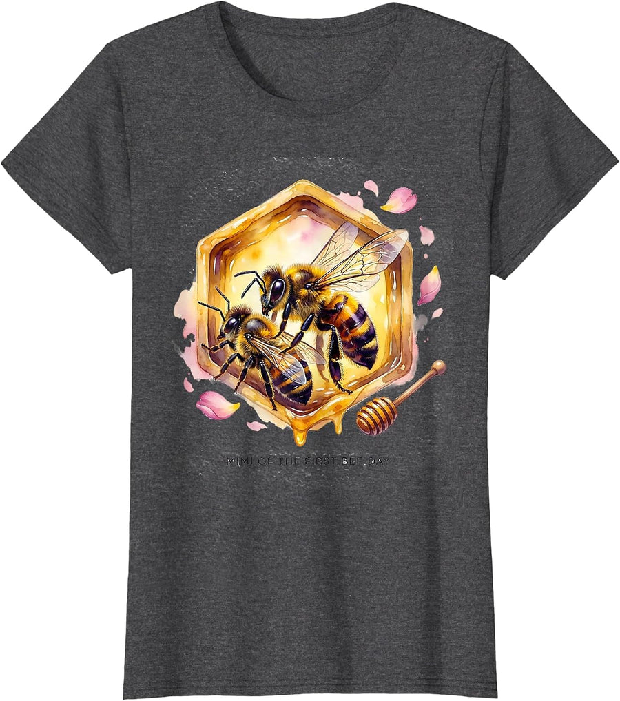 Women's Mimi Of The First Bee-Day Cute Watercolor Bee Birthday T-Shirt - Dark Heather Grey