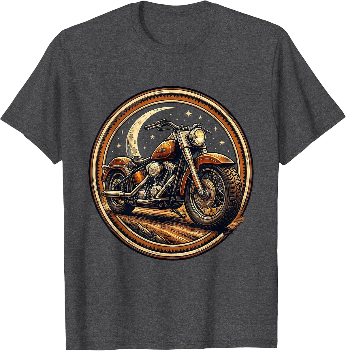 Vintage Bobber Motorcycle Starry Night Graphic T-Shirt - Dark Heather Grey