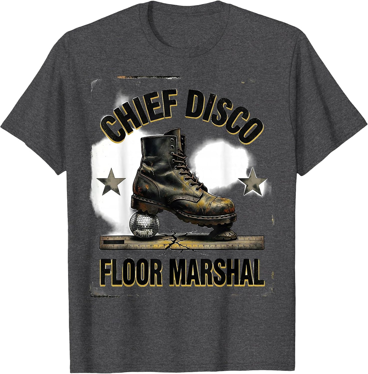 Men's Chief Disco Floor Marshal Distressed 70s Disco Party Humor T-Shirt - Dark Heather Grey