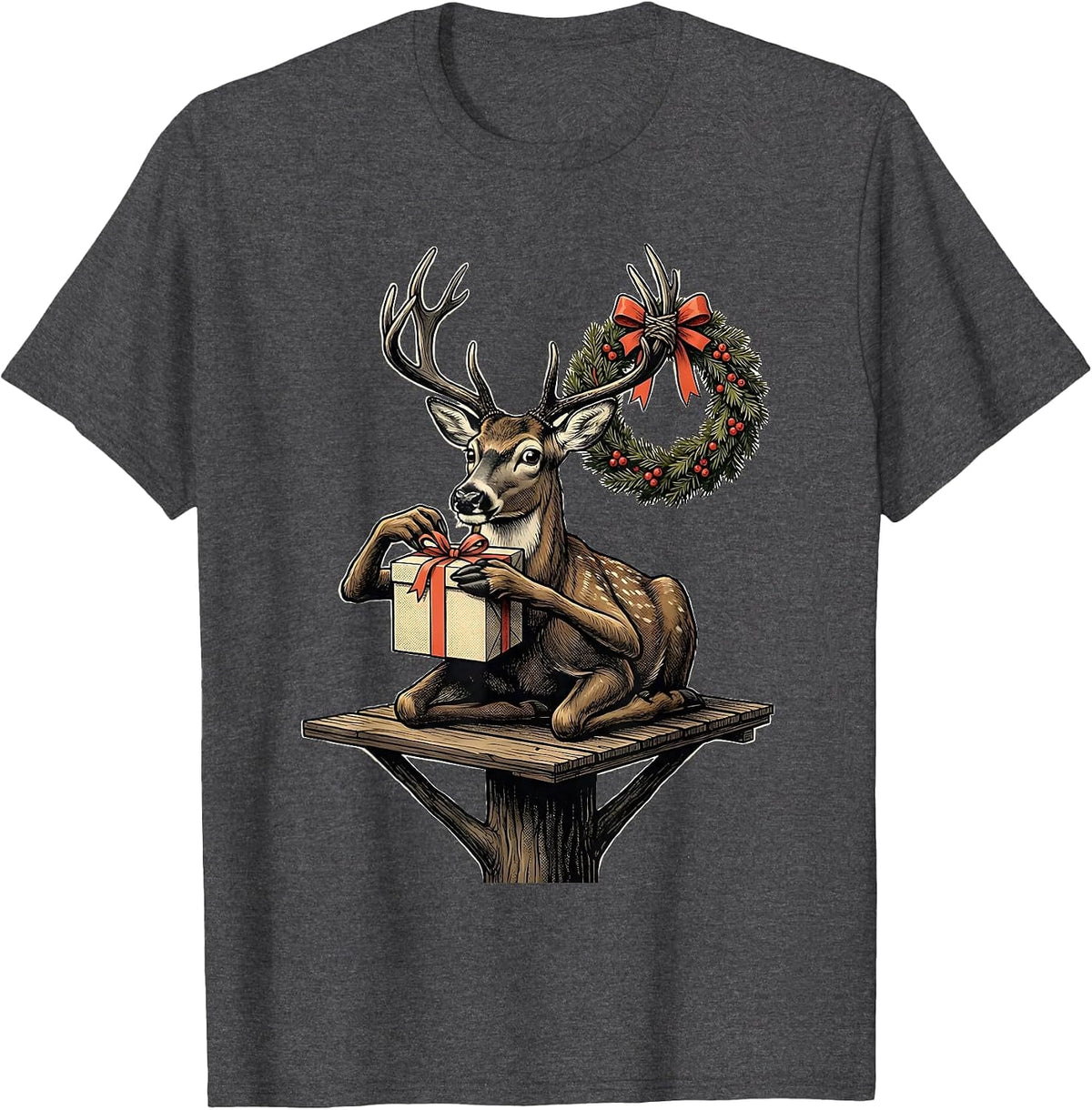 Men's Deer Hunter Gift Midcentury Modern Christmas T-Shirt - Dark Heather Grey