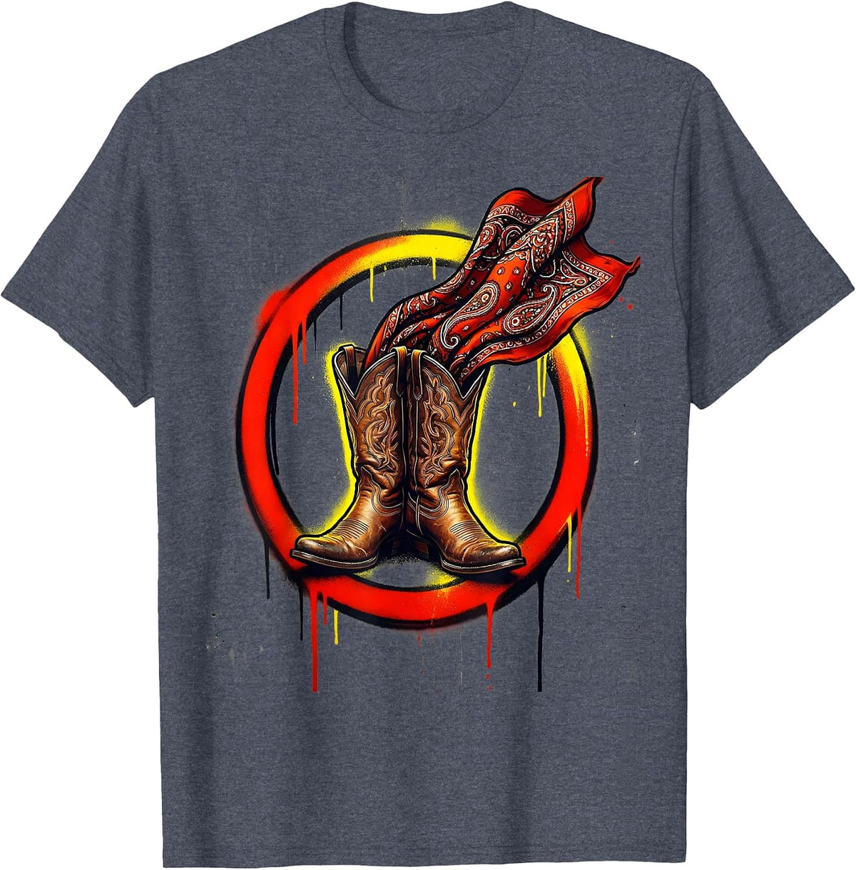 Cowboy Boots With Bandana Western Graphic Tee T-Shirt - Heather Blue
