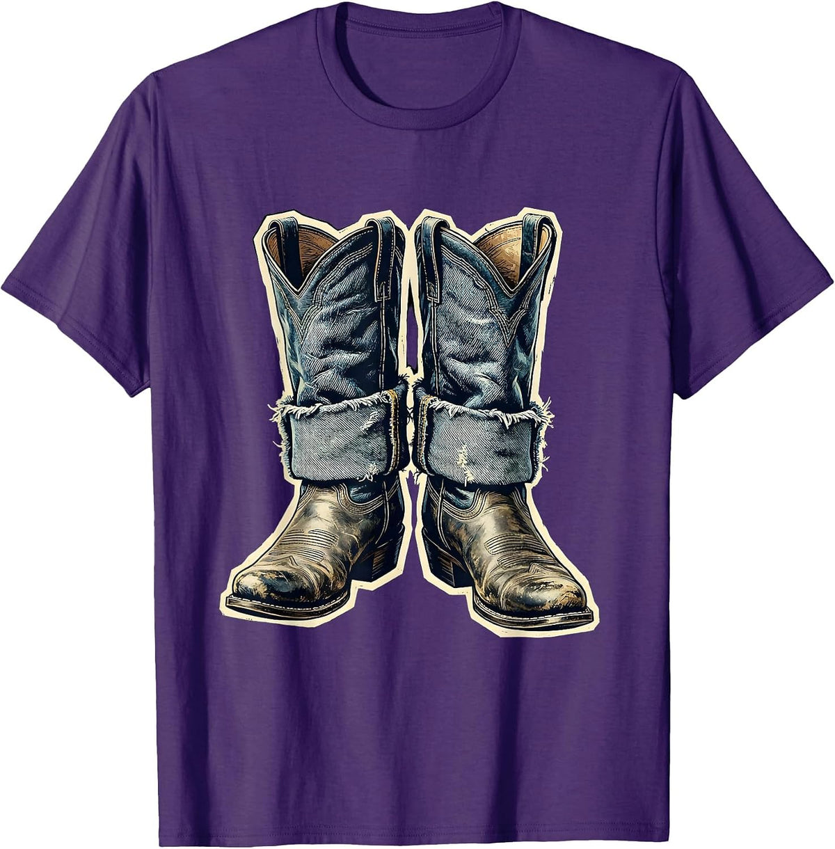 Denim Cowgirl Boots Western Graphic Tee T-Shirt - Purple