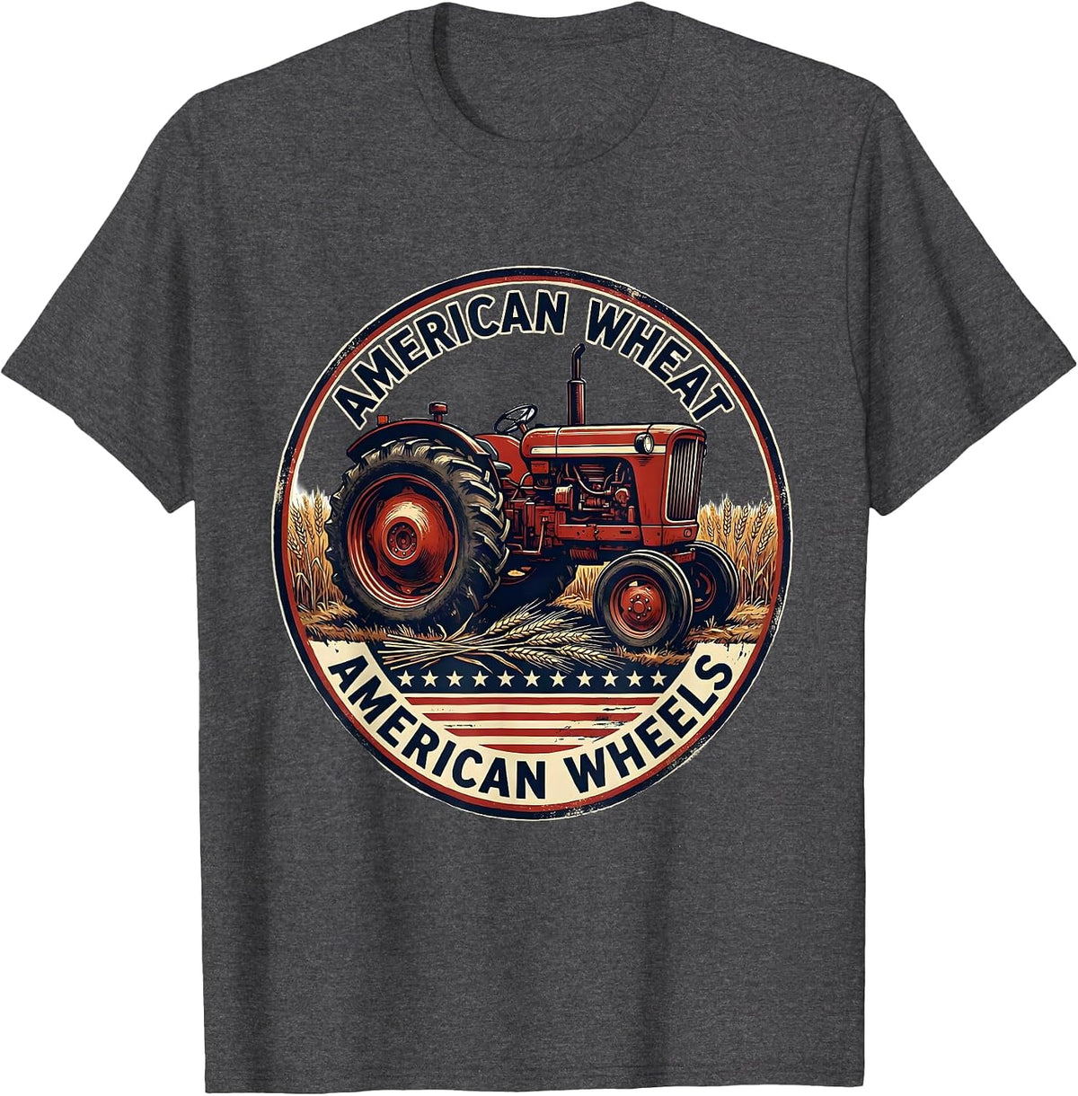 Men's American Wheat American Wheels Patriotic Farmer Tractor T-Shirt - Dark Heather Grey