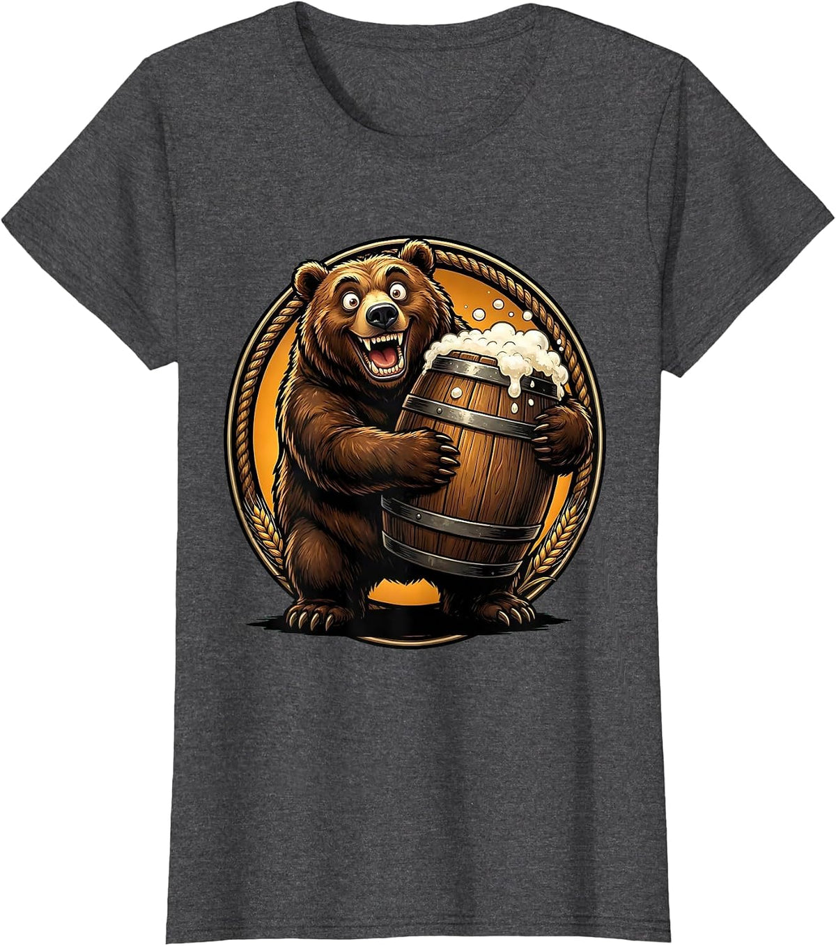 Women's Bear Hugging Giant Ale Barrel Drinking Design T-Shirt - Dark Heather Grey