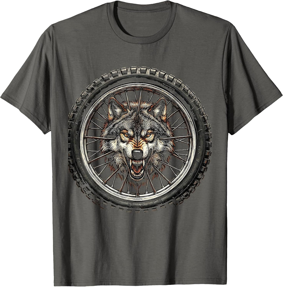 Men's Wolf Head Motorcycle Wheel Biker Graphic T-Shirt - Asphalt Grey