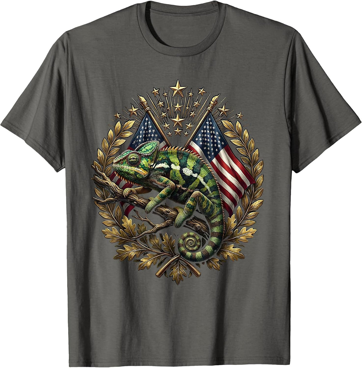 Men's Chameleon Camouflage Leafy Branch Illustration T-Shirt - Asphalt Grey