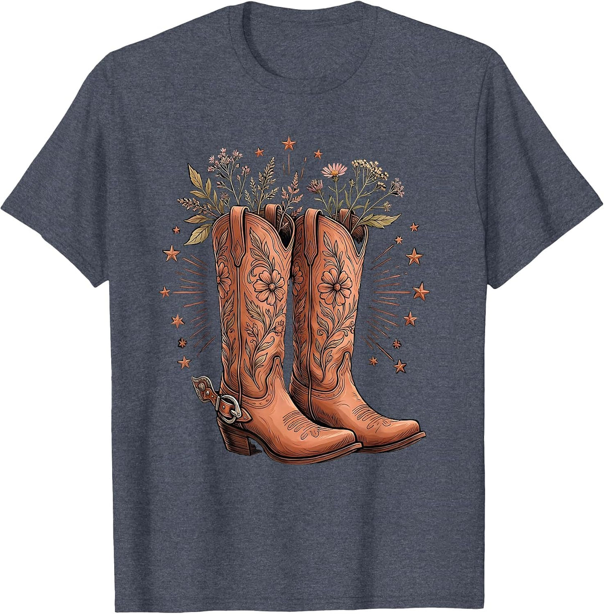 Cowgirl Boots Spurs and Stars Western Graphic T-Shirt - Heather Blue