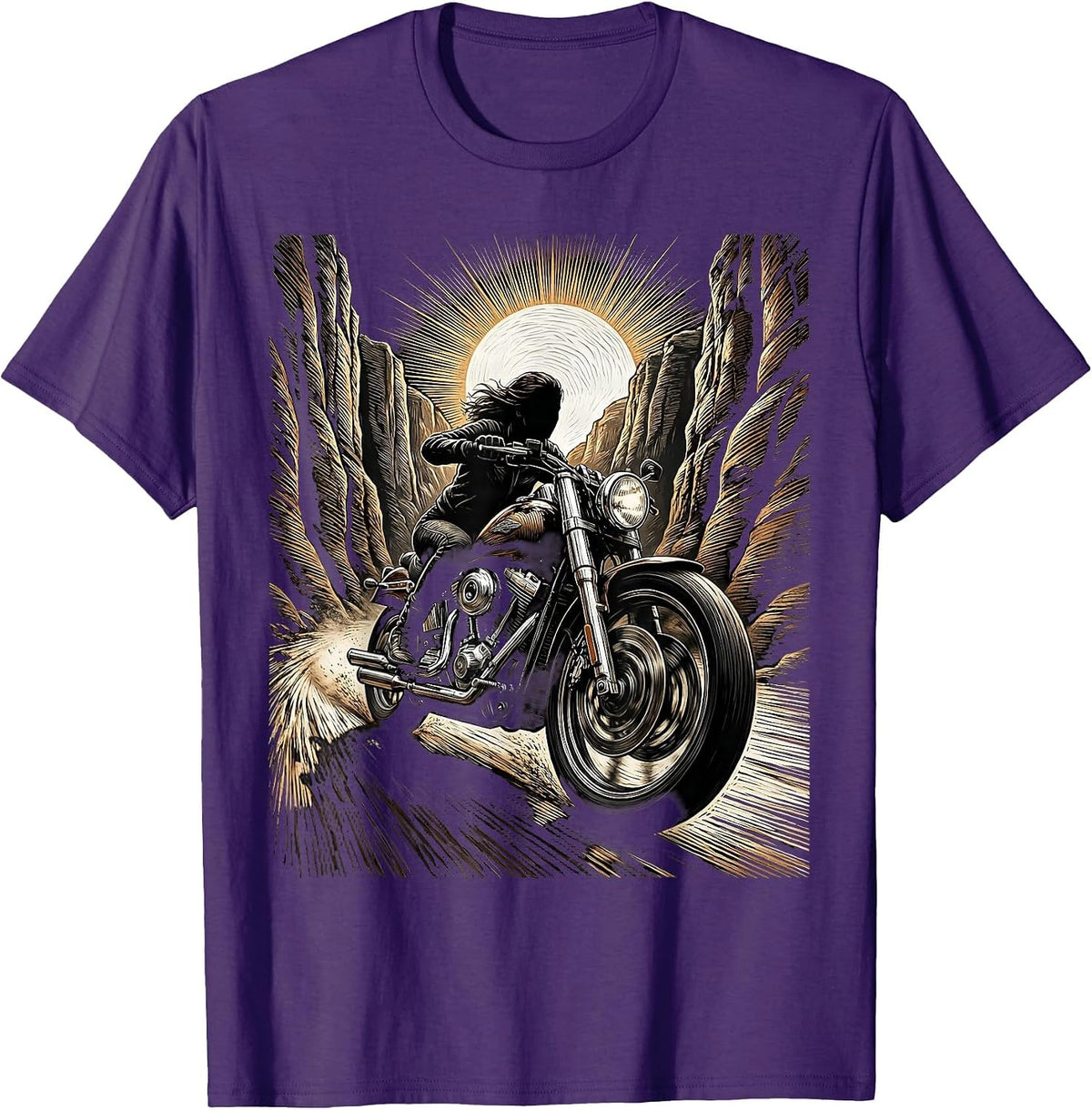 Motorcycle Canyon Sunset Rider Graphic Tee T-Shirt - Purple