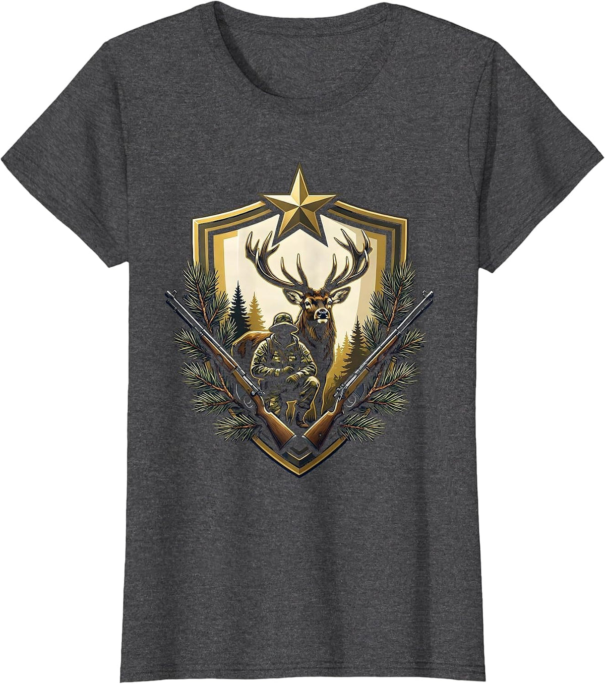 Women's Hunter Crouching With Trophy Buck Deer Graphic T-Shirt - Dark Heather Grey
