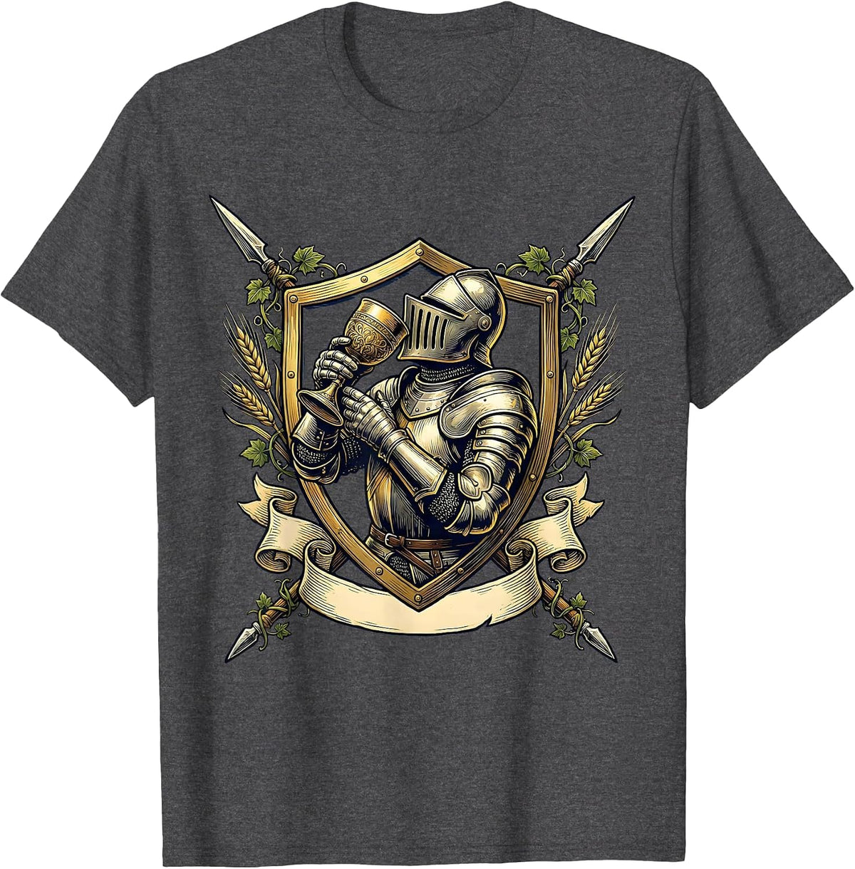Men's Medieval Knight Beer Goblet Illustration T-Shirt - Dark Heather Grey