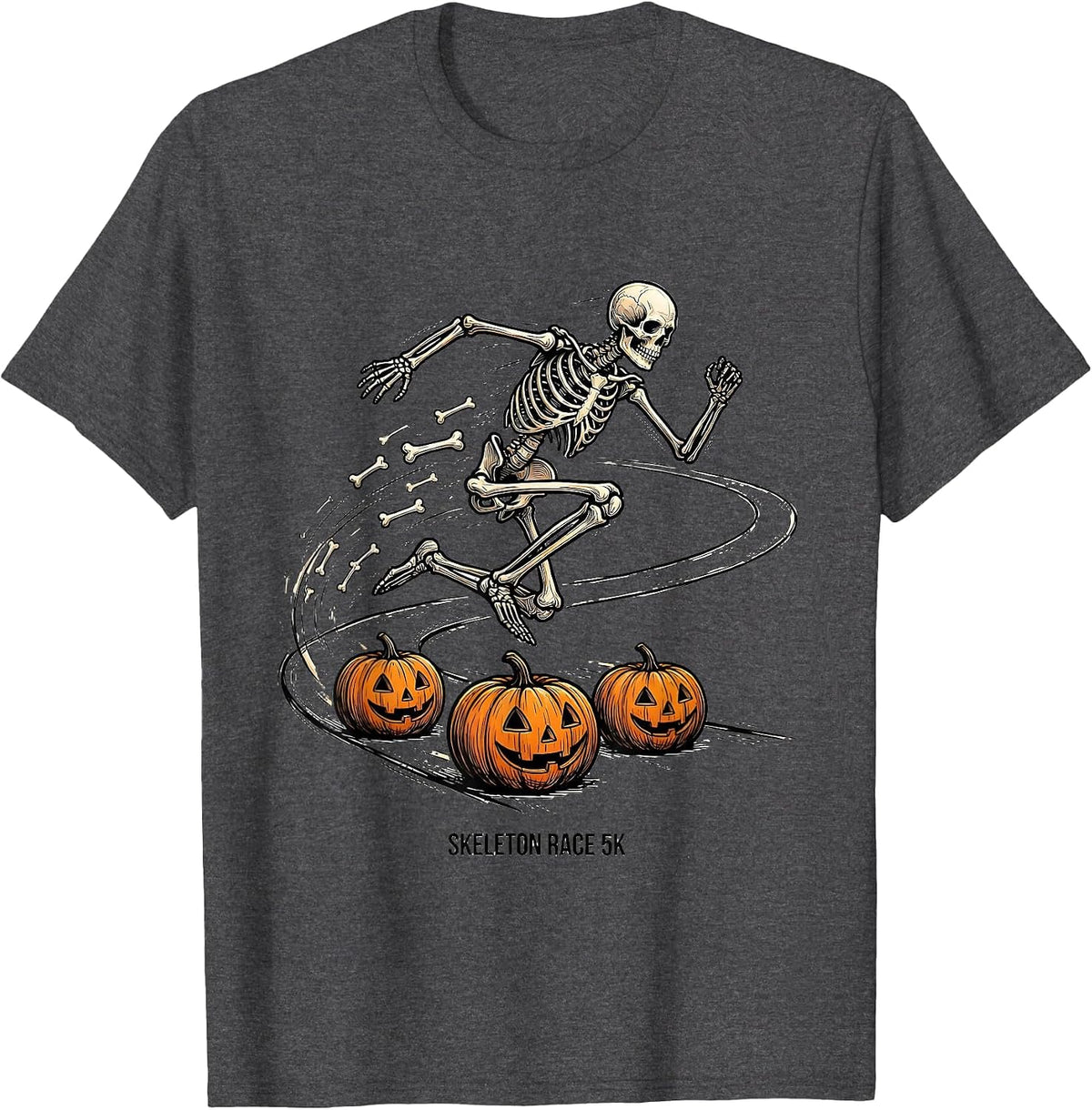 Men's Skeleton Race 5K Funny Halloween Running Costume Runner T-Shirt - Dark Heather Grey