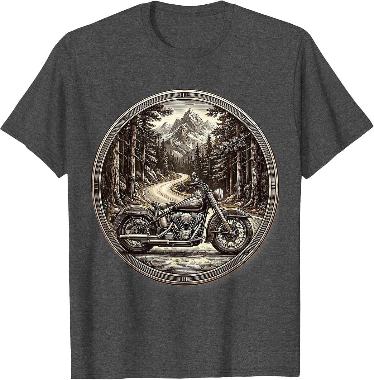 Men's Mountain Road Pine Forest Motorcycle Graphic T-Shirt - Dark Heather Grey