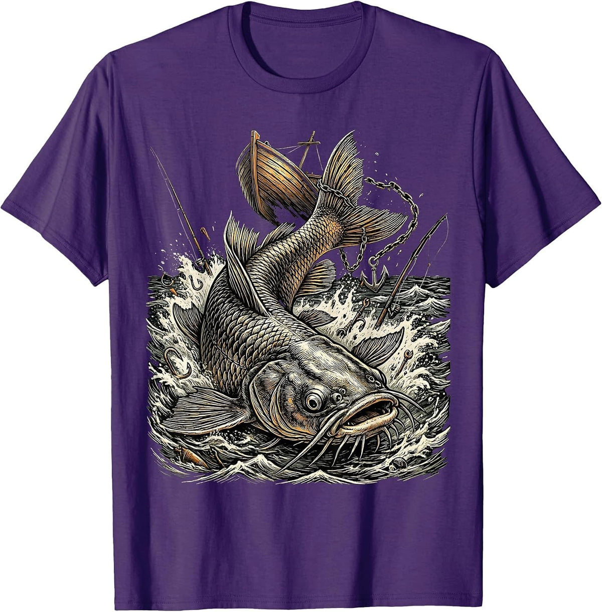 Giant Catfish Dragging Boat Funny Fishing Design T-Shirt - Purple