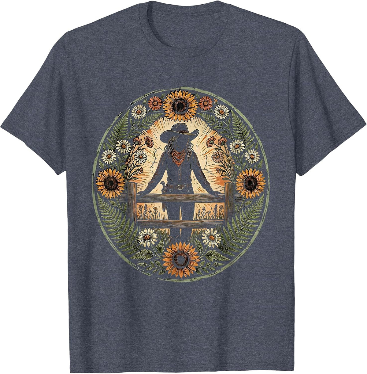 Cowgirl Leaning on Fence Illustration T-Shirt - Heather Blue
