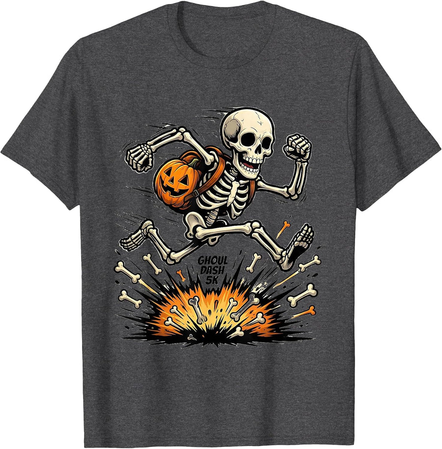 Men's Ghoul Dash 5K Cartoon Skeleton Runner Halloween Fun Run T-Shirt - Dark Heather Grey