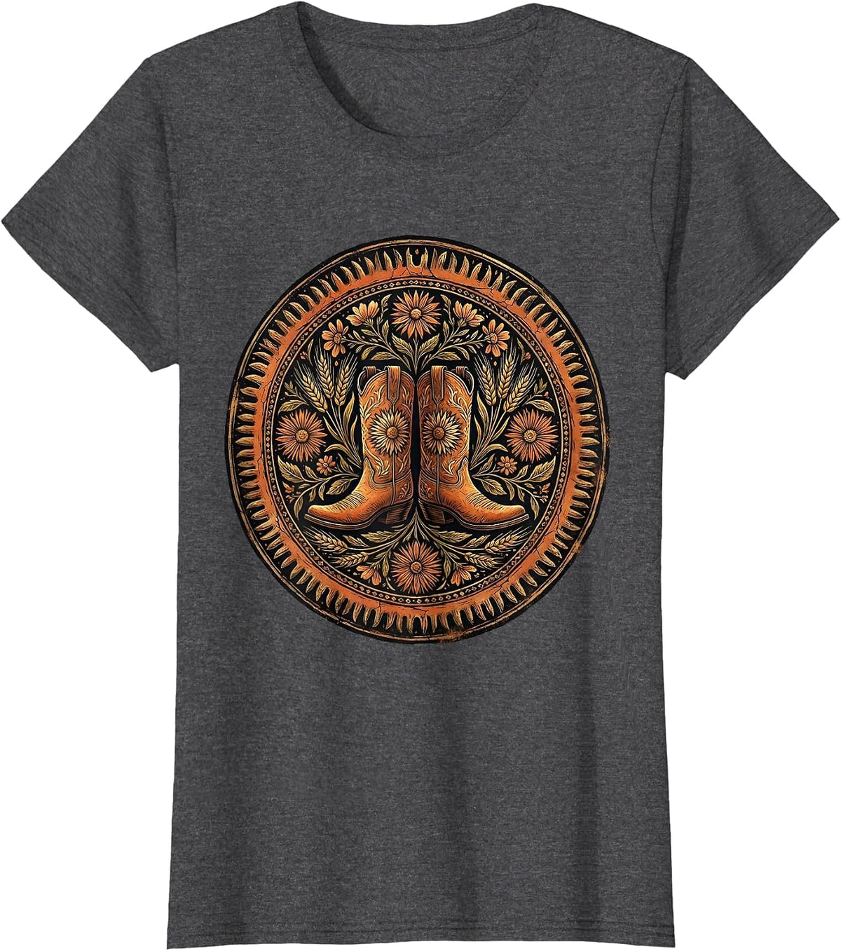 Women's Cowboy Boots with Spurs on Worn Wood Design T-Shirt - Dark Heather Grey
