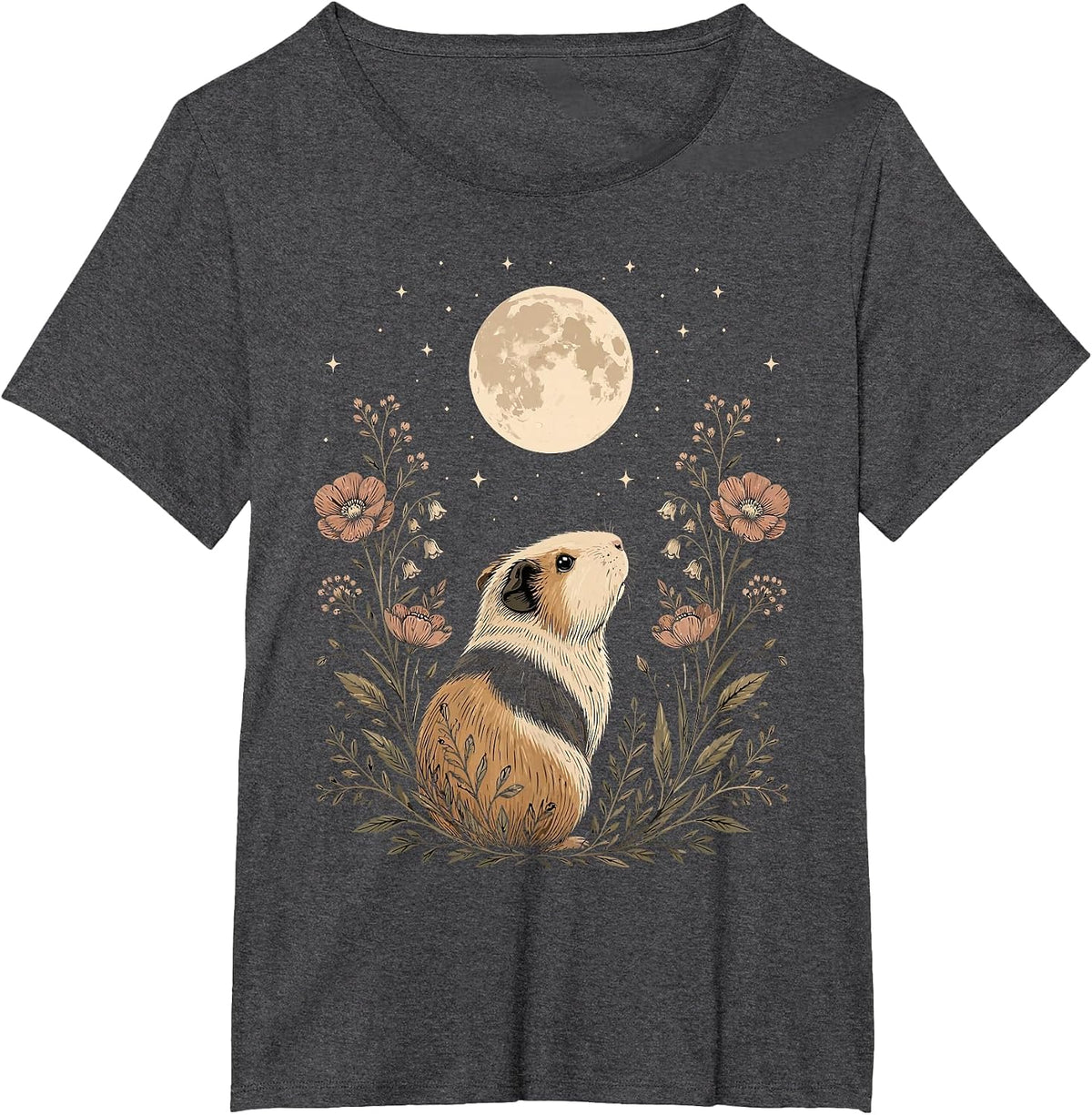 Floral Guinea Pig Moon Celestial Night Animal Lover T-Shirt - Dark Heather Grey