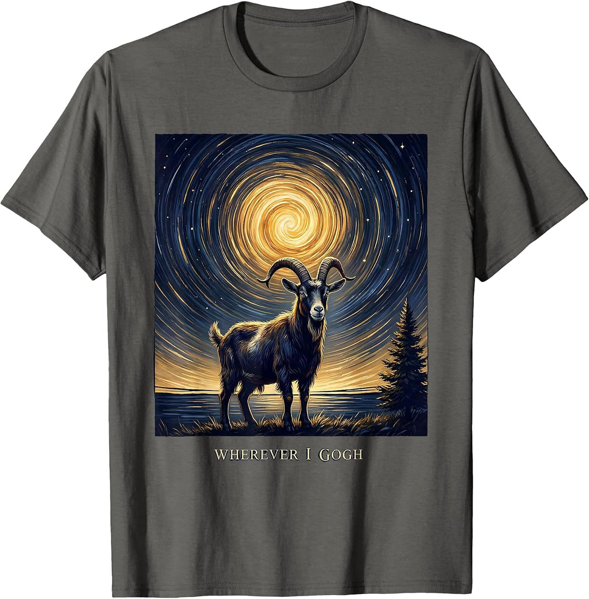 Wherever I Gogh Whimsical Van Gogh Starry Night Art Animal T-Shirt - Asphalt Grey