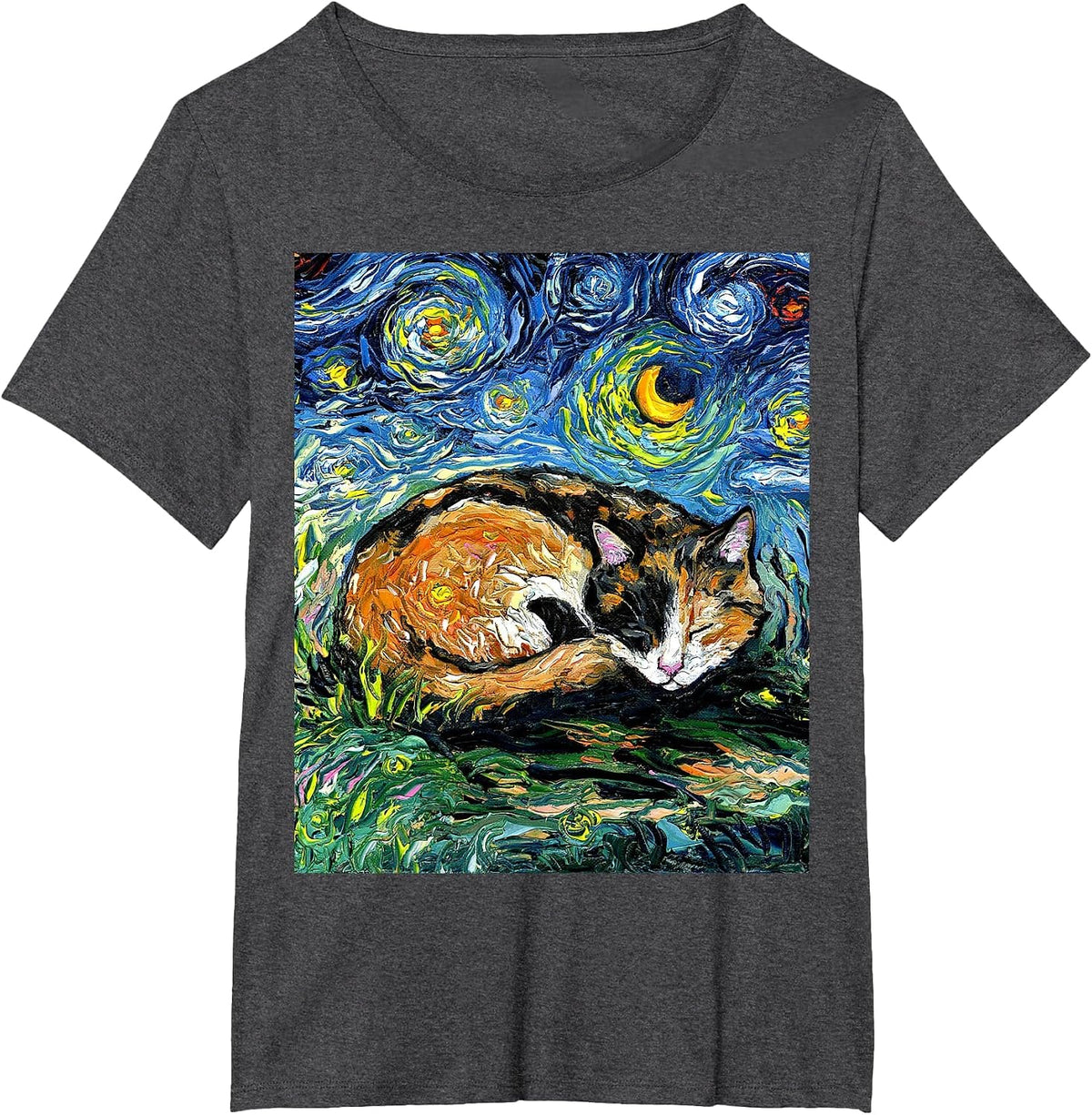 Sleeping Calico Cat Starry Night Animal Lover Pet Artwork T-Shirt - Dark Heather Grey