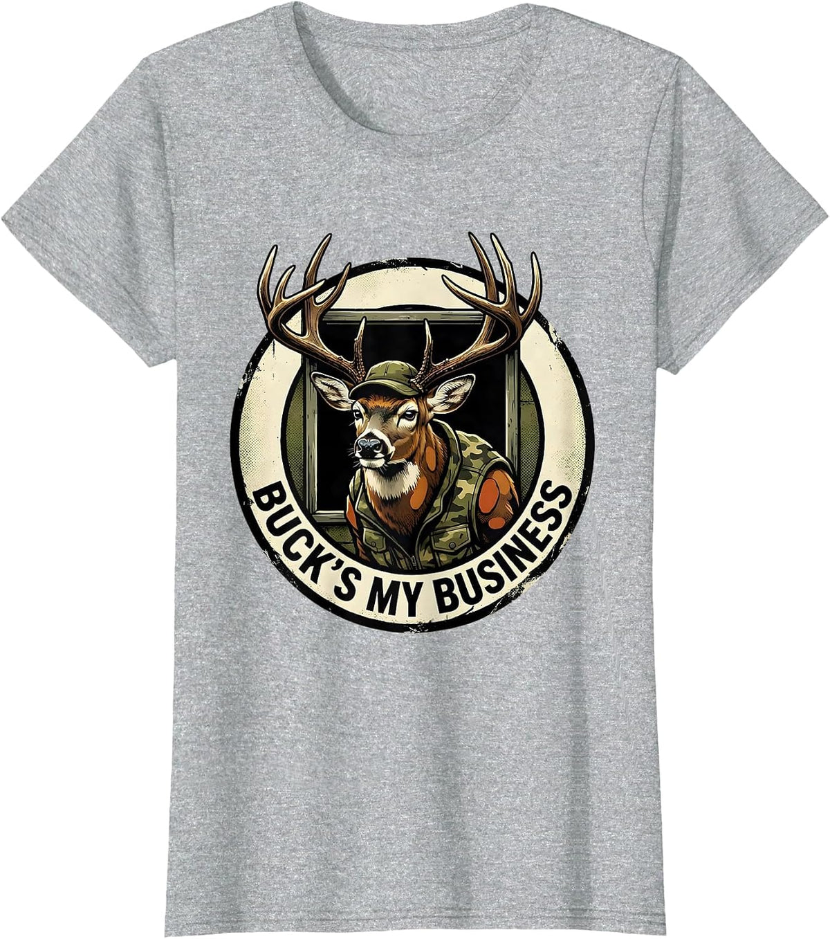 Buck's My Business Distressed Deer Hunting Camo Gift T-Shirt - Heather Grey