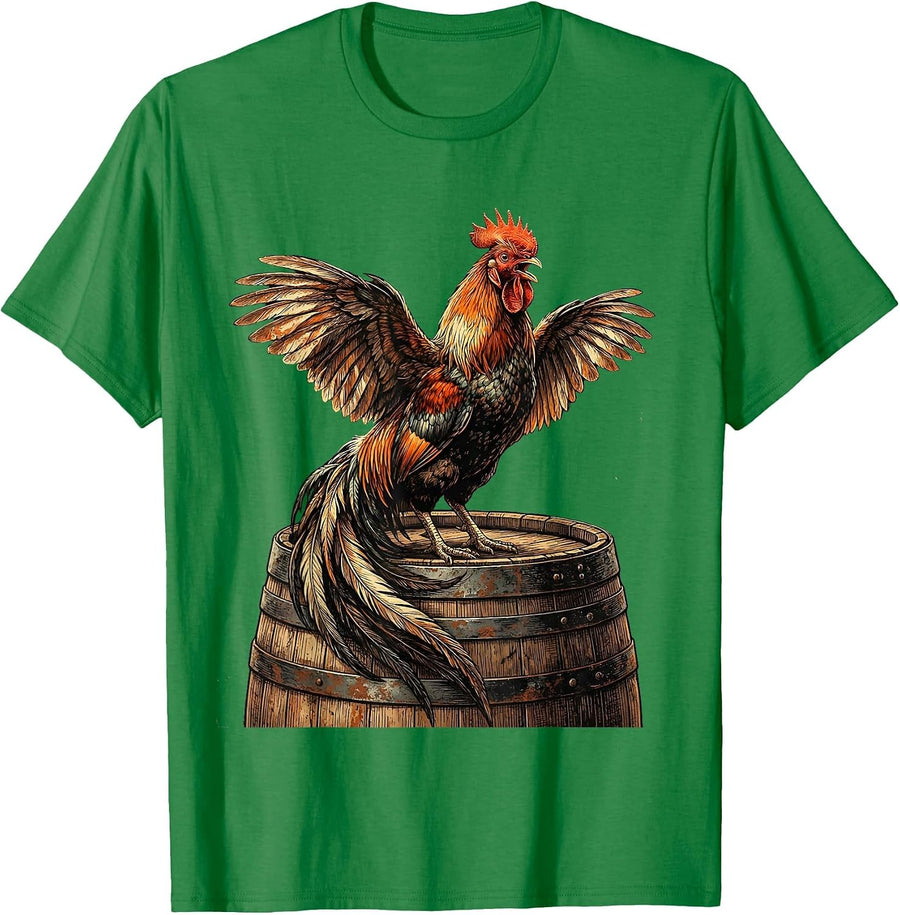 Men's Rooster Crowing on Wooden Keg Graphic T-Shirt - Kelly Green
