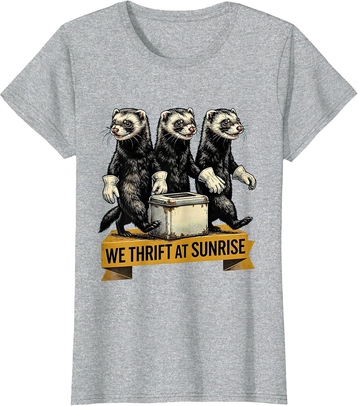We Thrift At Sunrise Retro Cartoon Ferret Lover Thrifting T-Shirt - Heather Grey