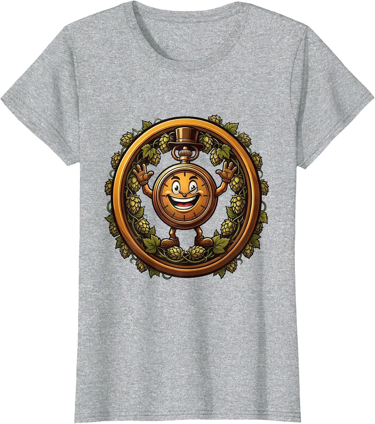 Oktoberfest Vintage Pocket Watch and Hops Design T-Shirt - Heather Grey