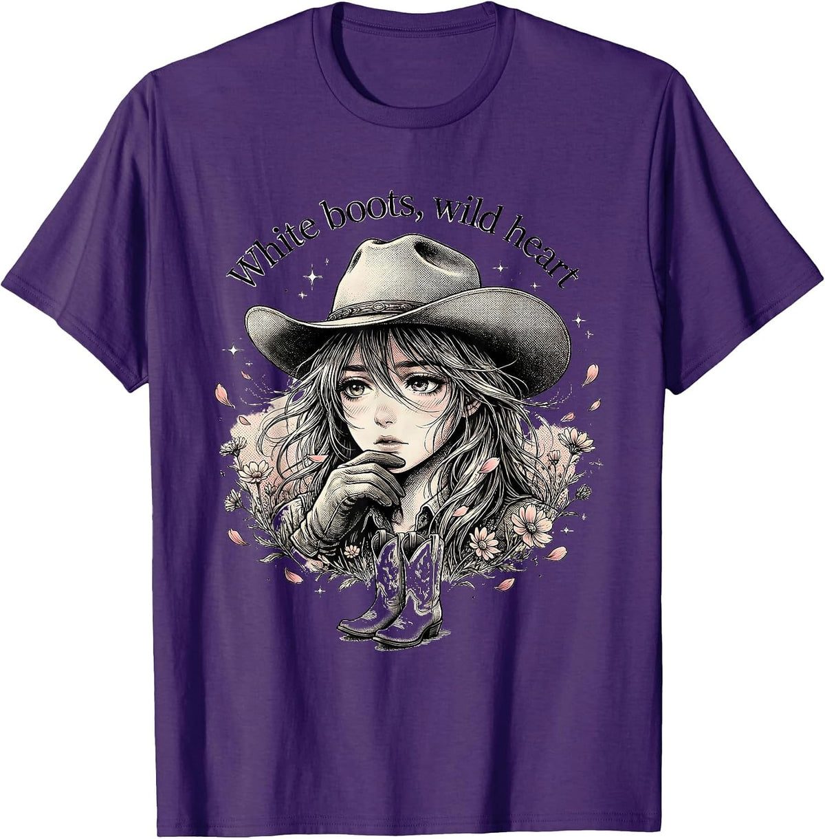 Men's White Boots Wild Heart Cowgirl Design T-Shirt - Purple