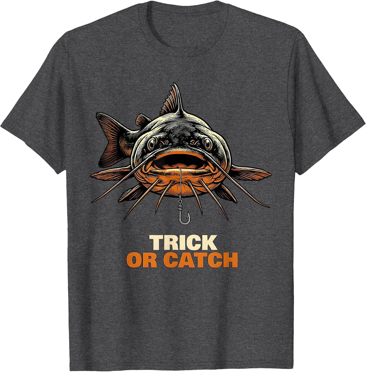 Men's Trick Or Catch Oversized Bullhead Catfish Funny Halloween T-Shirt - Dark Heather Grey