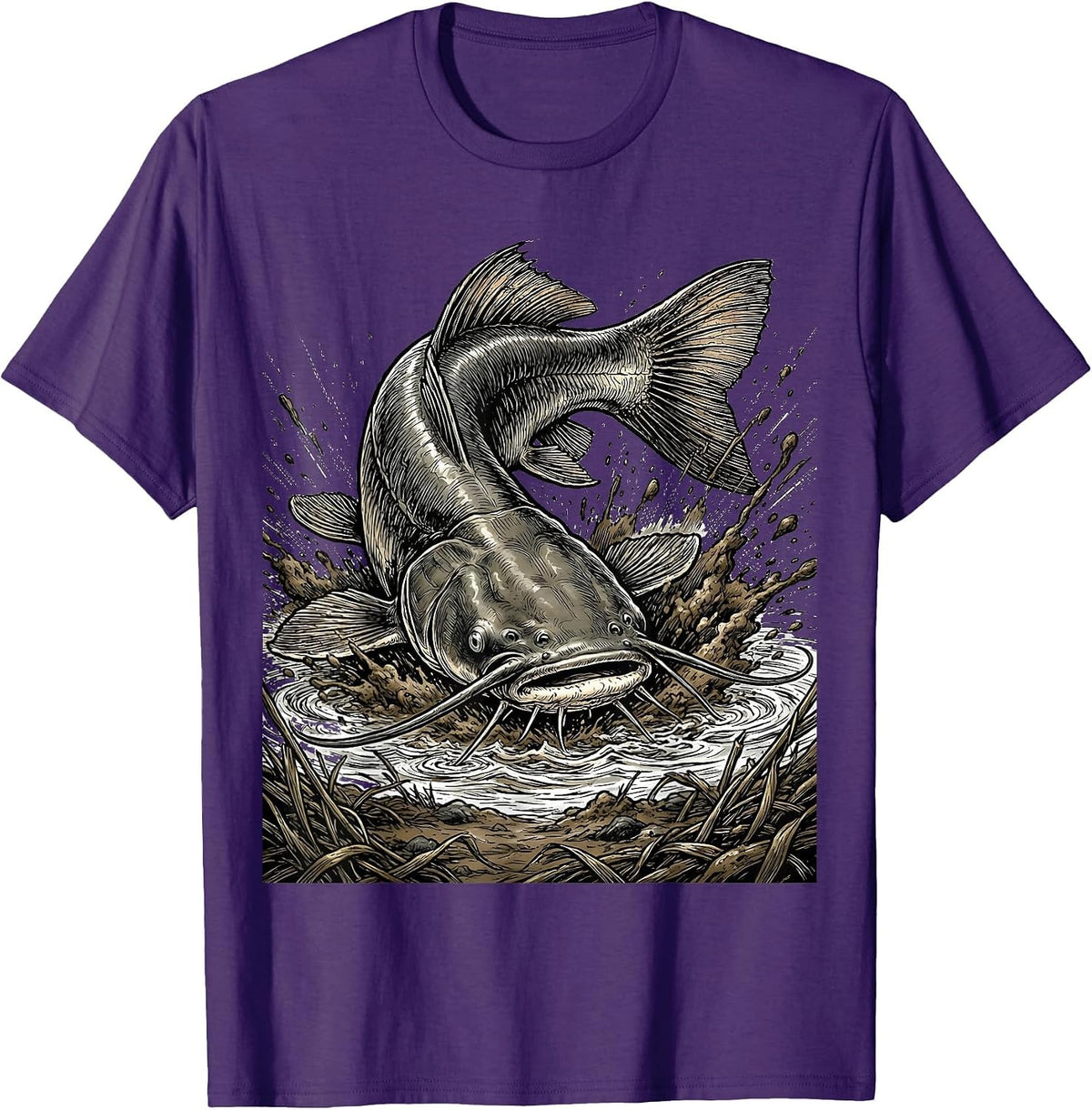 Catfish Muddy River Bank Fishing Graphic T-Shirt - Purple