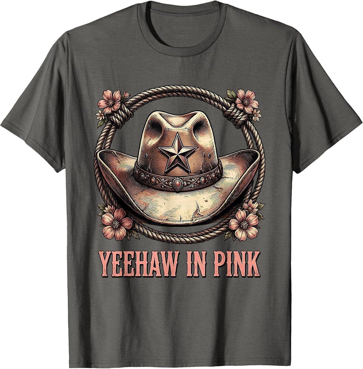 Yeehaw Pink Cowgirl Western Design T-Shirt - Asphalt Grey