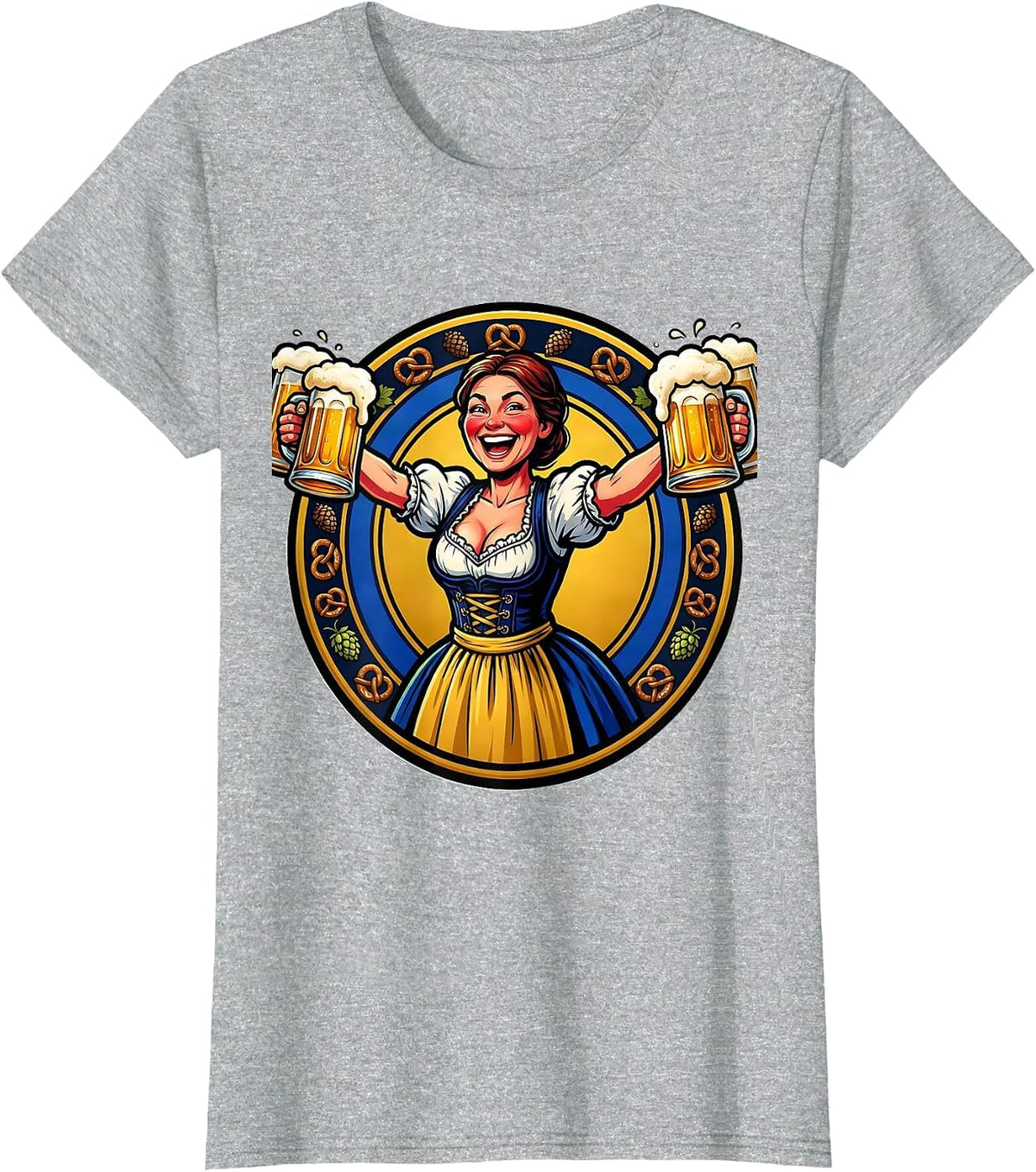 Women's Bavarian Dirndl Stein Bearer Oktoberfest Graphic T-Shirt - Heather Grey