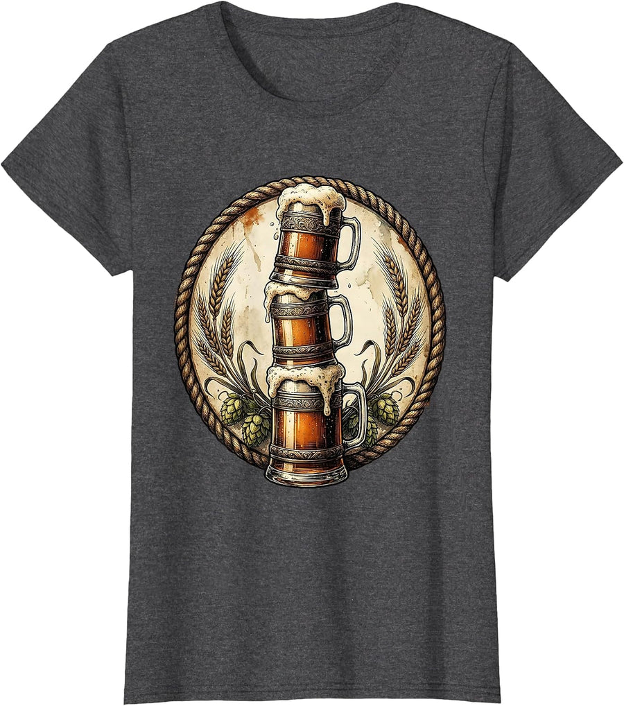 Women's Oktoberfest Beer Stein Tower Illustration T-Shirt - Dark Heather Grey