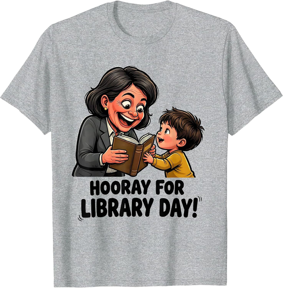 Men's Hooray For Library Day Cartoon Librarian Book Lover School T-Shirt - Heather Grey