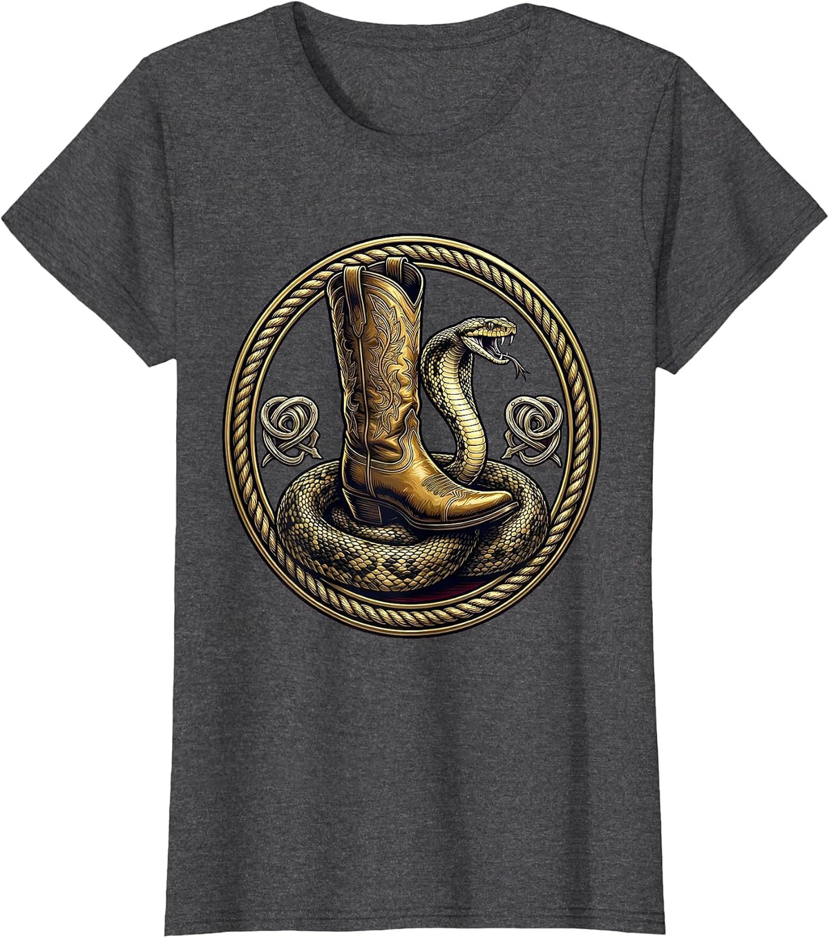 Women's Cowgirl Boot Crushing Snake Graphic Tee T-Shirt - Dark Heather Grey