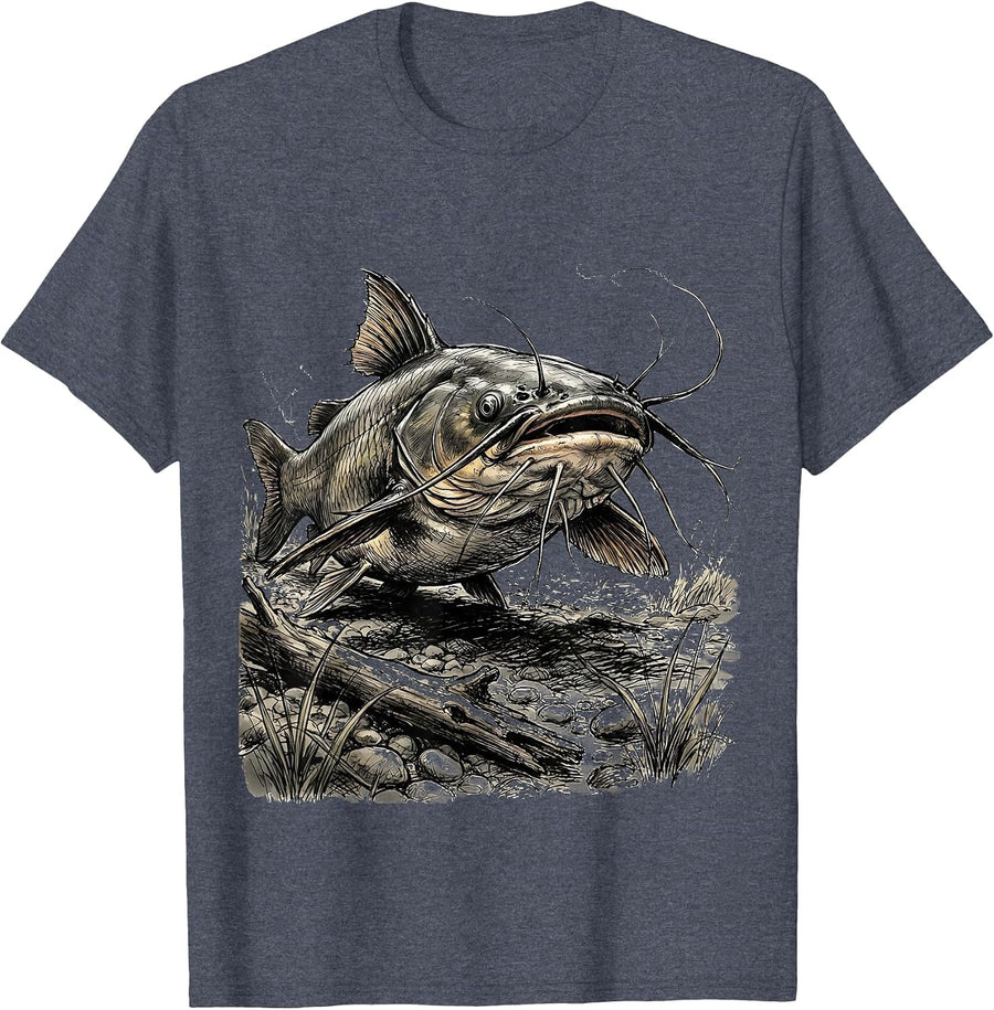 Catfish River Bottom Fishing Graphic T-Shirt - Heather Blue
