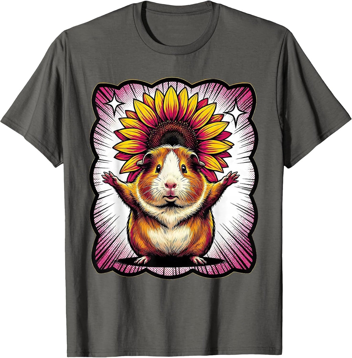 Men's Plump Guinea Pig Sunflower Pop Art Animal Lover Novelty T-Shirt - Asphalt Grey