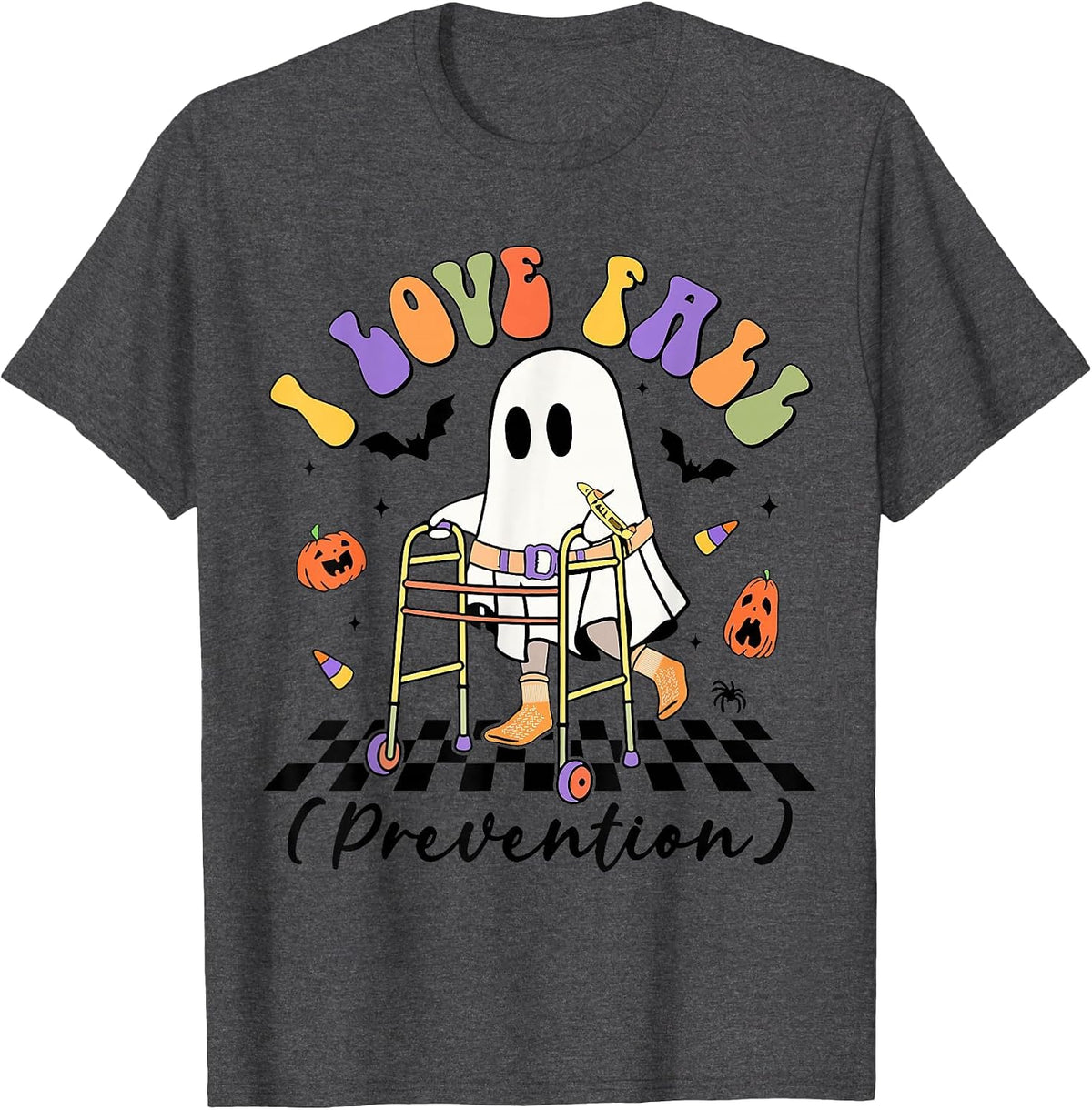 Cute I Love Fall Prevention Physical Therapy Ghost Halloween T-Shirt - Dark Heather Grey