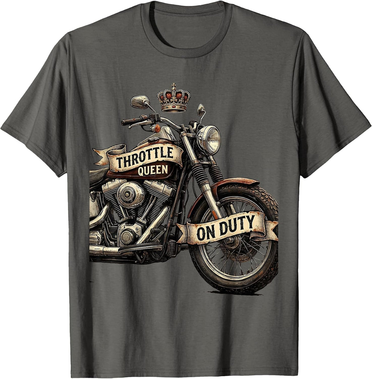 Throttle Queen On Duty Motorcycle Rider Design T-Shirt - Asphalt Grey