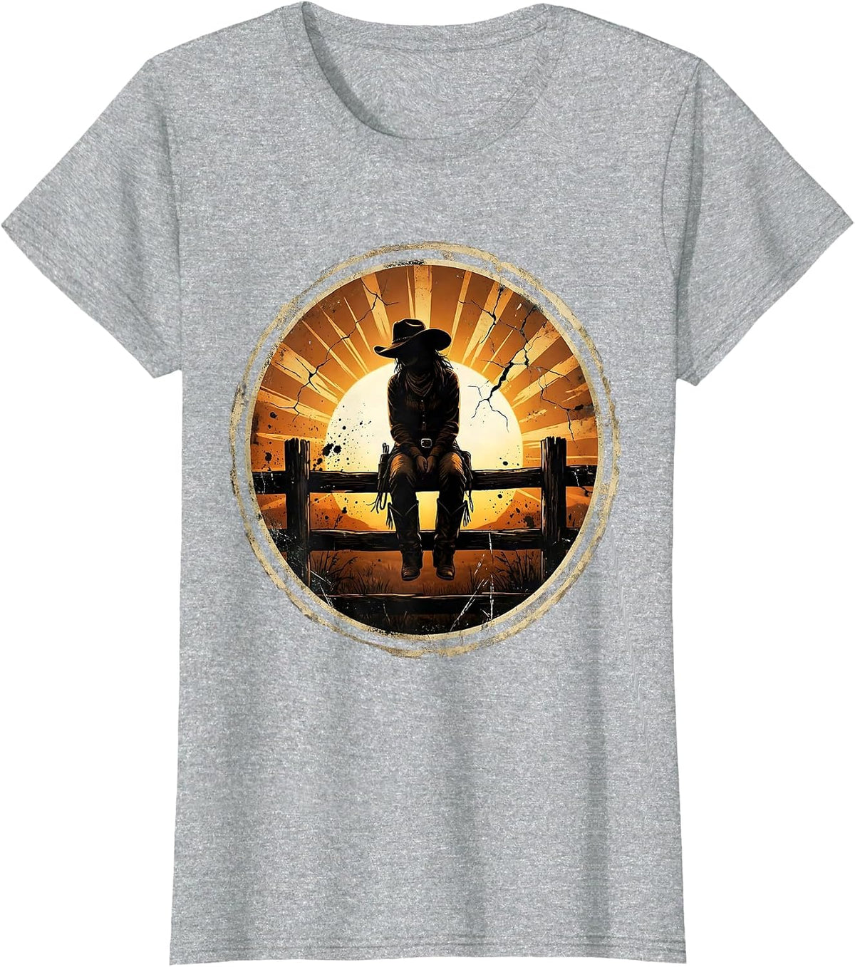 Cowgirl Sitting on Fence at Dusk Illustration T-Shirt - Heather Grey