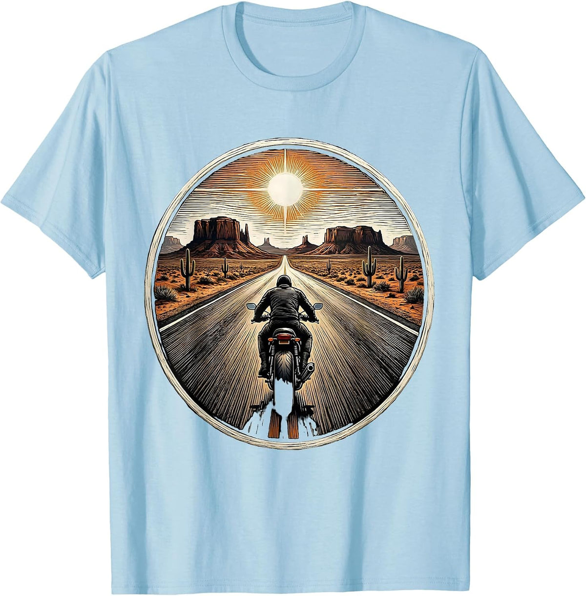 Men's Lone Biker Desert Highway Motorcycle Graphic T-Shirt - Baby Blue