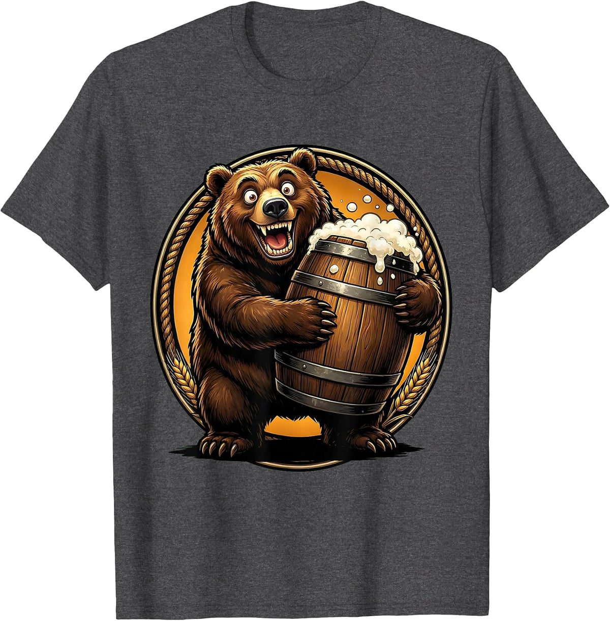 Men's Bear Hugging Giant Ale Barrel Drinking Design T-Shirt - Dark Heather Grey