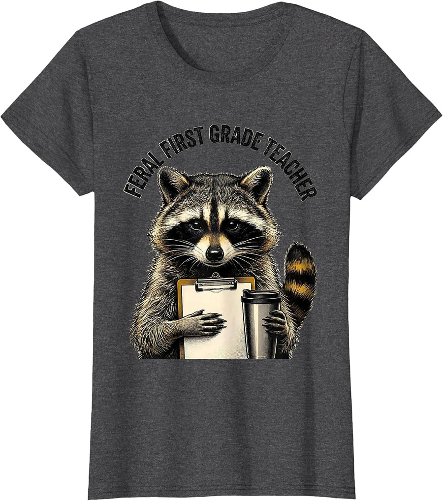 Women's Feral First Grade Teacher Funny Raccoon Back to School T-Shirt - Dark Heather Grey