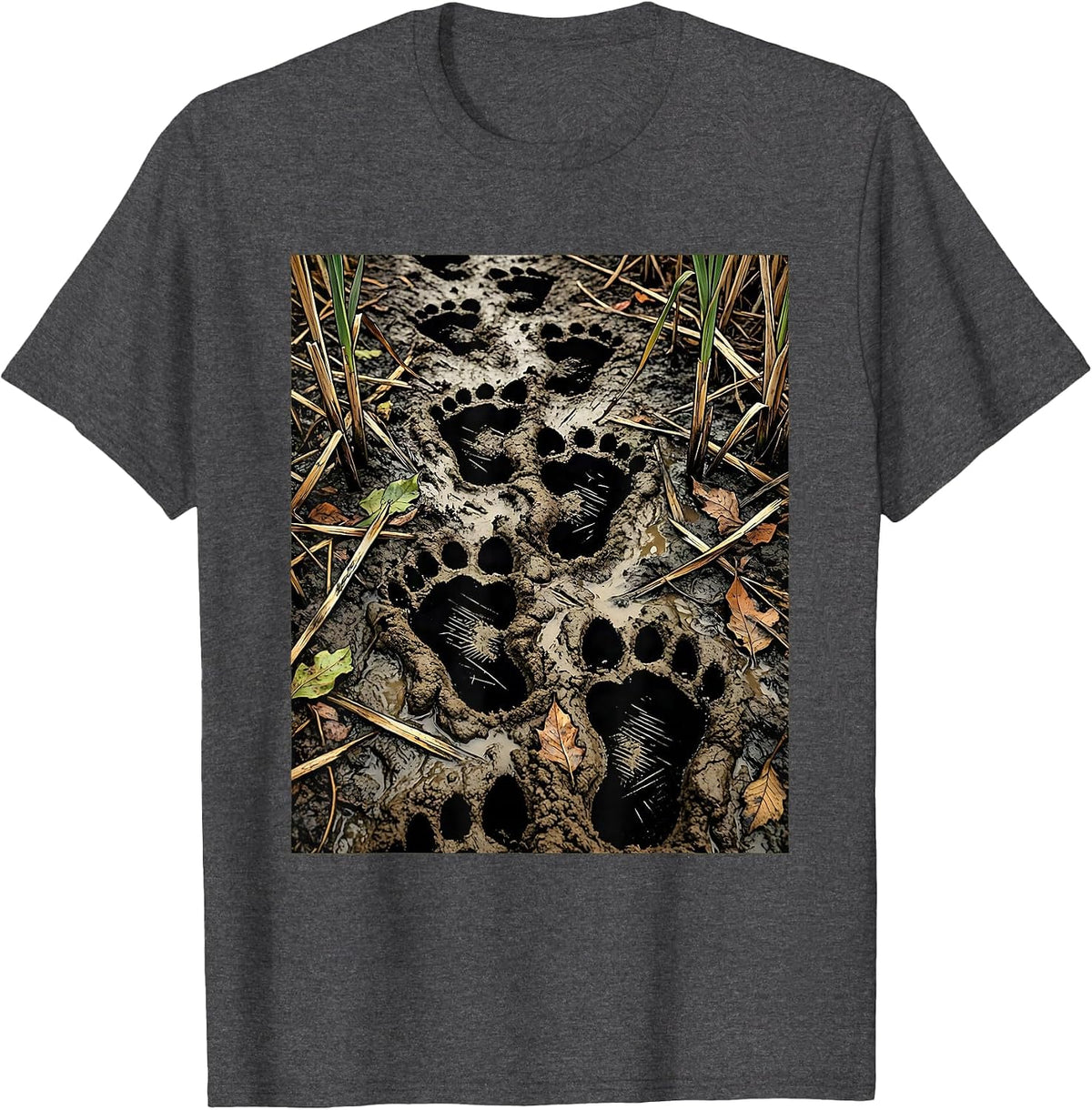 Bottomland Camo Whitetail Deer Tracks Design T-Shirt - Dark Heather Grey